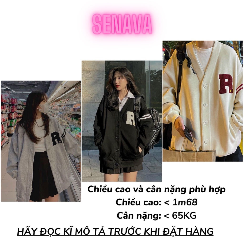 Áo khoác Cardigan nữ THÊU CHỮ R chất nỉ bông dày dặn phối viền sọc tay phong cách ulzzang SENAVA AK91