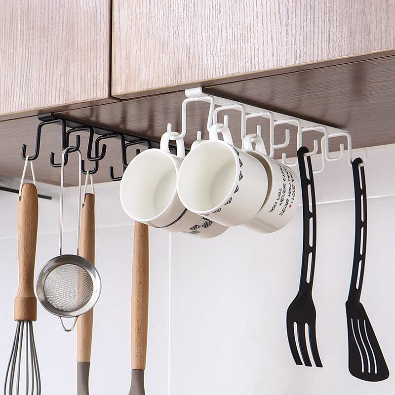 Giá 12 móc treo đồ đa năng,gắn cài kẹp dưới tủ bếp quần áo, kệ bàn, để cốc ly dụng cụ bằng sắt tiện lợi