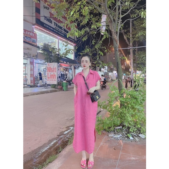 Váy sơ mi kẻ hồng dáng dài