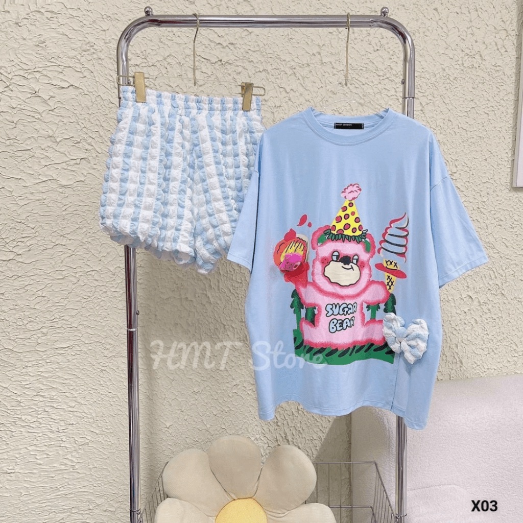 SET ĐỒ HOT SIÊU DỄ THƯƠNG | ÁO COTTON TAY NGẮN CÓ IN HÌNH GẤU PHỐI QUẦN XỐP SIÊU MÁT MẺ CHO HỘI CHỊ EM UP SHOP HHP