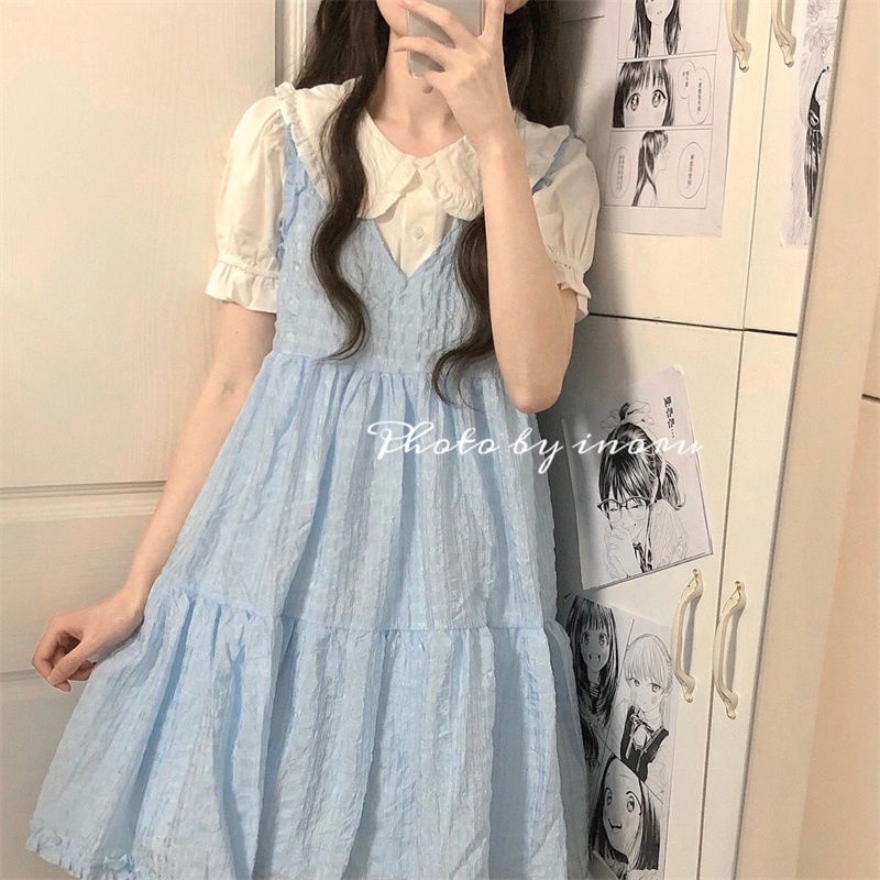 Set Áo Sơ Mi Cổ Búp Bê Phối Bèo + Chân Váy Màu Xanh Dương Thời Trang Xinh Xắn Cho Nữ