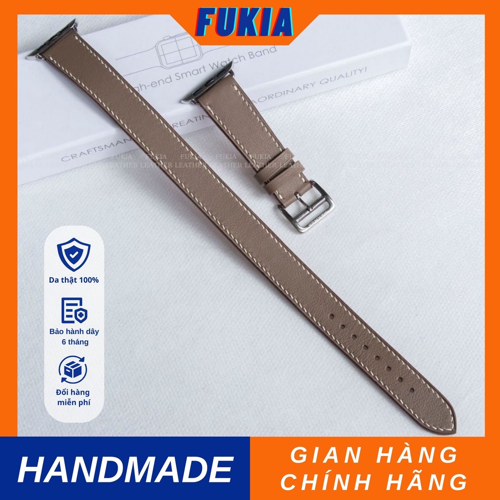 Dây da thủ công Double Tour Swift Nâu Tây Chỉ Trắng dành cho iWatch, đồng hồ thông minh, đồng hồ cơ DDTC173