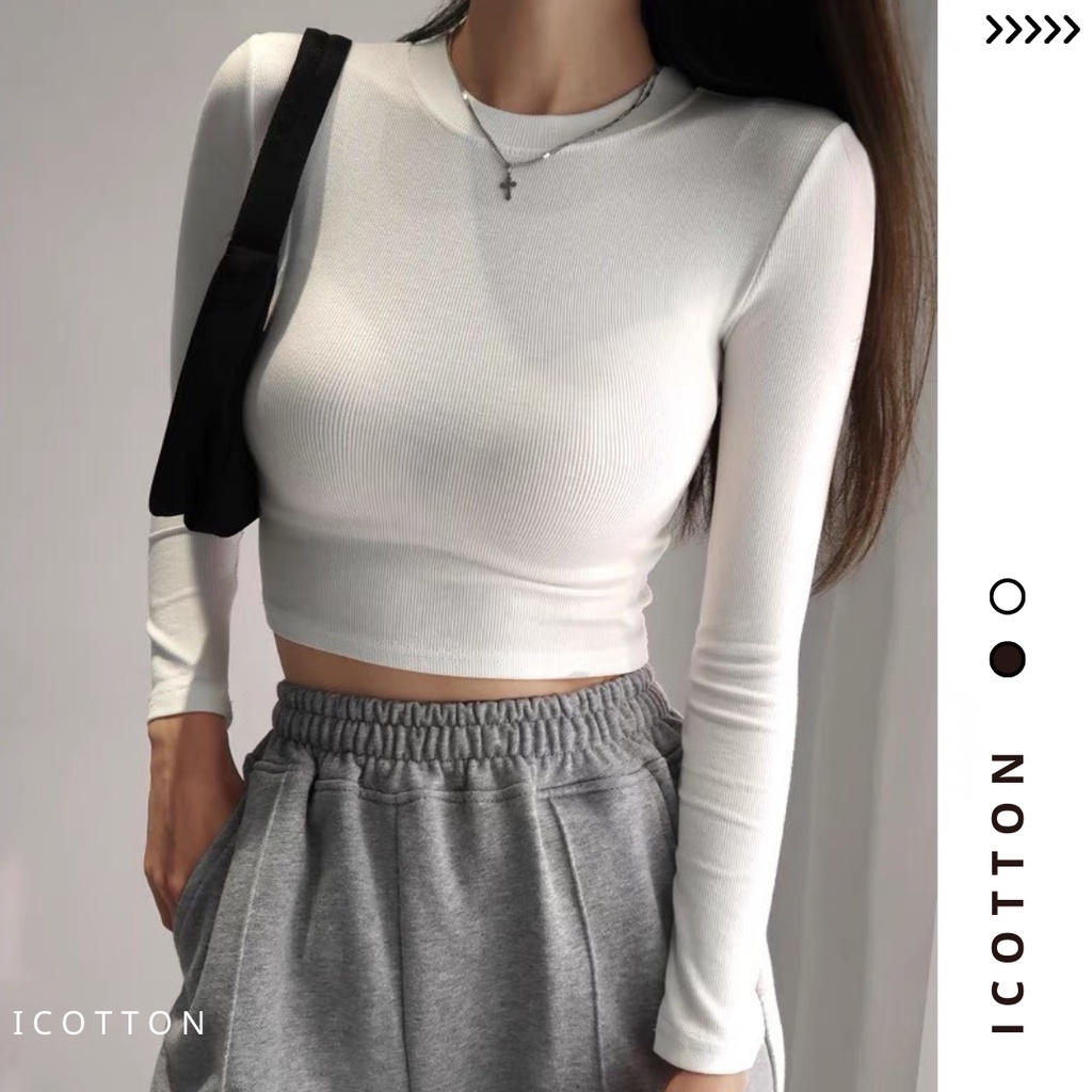 Áo Thun Croptop nữ dài tay ❤️Icotton ❤️cổ tròn,dáng ôm body chất thun tăm dày dặn,tôn dáng❤️