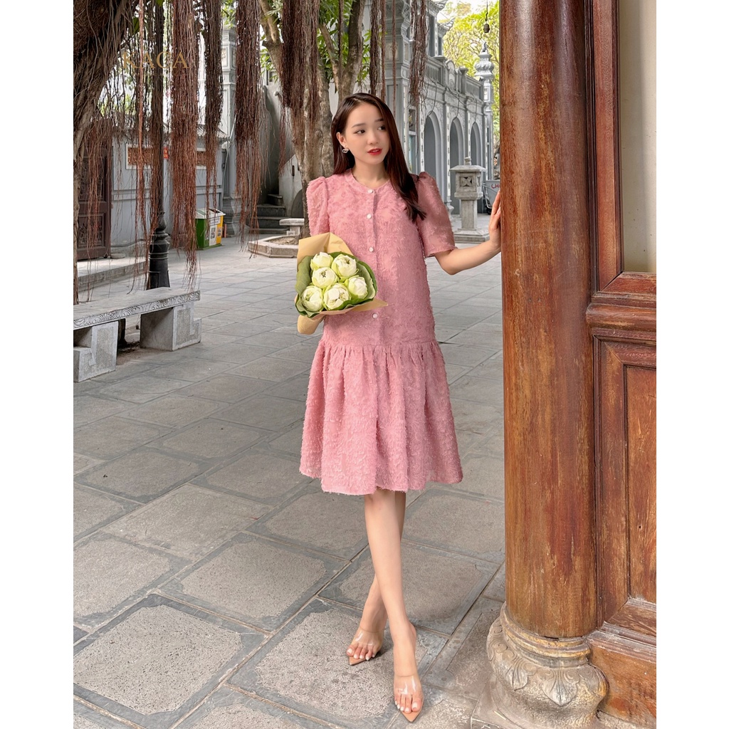 Váy thiết kế Maris Dress váy tay lỡ, có cúc váy hồng rose vải xù - KACA