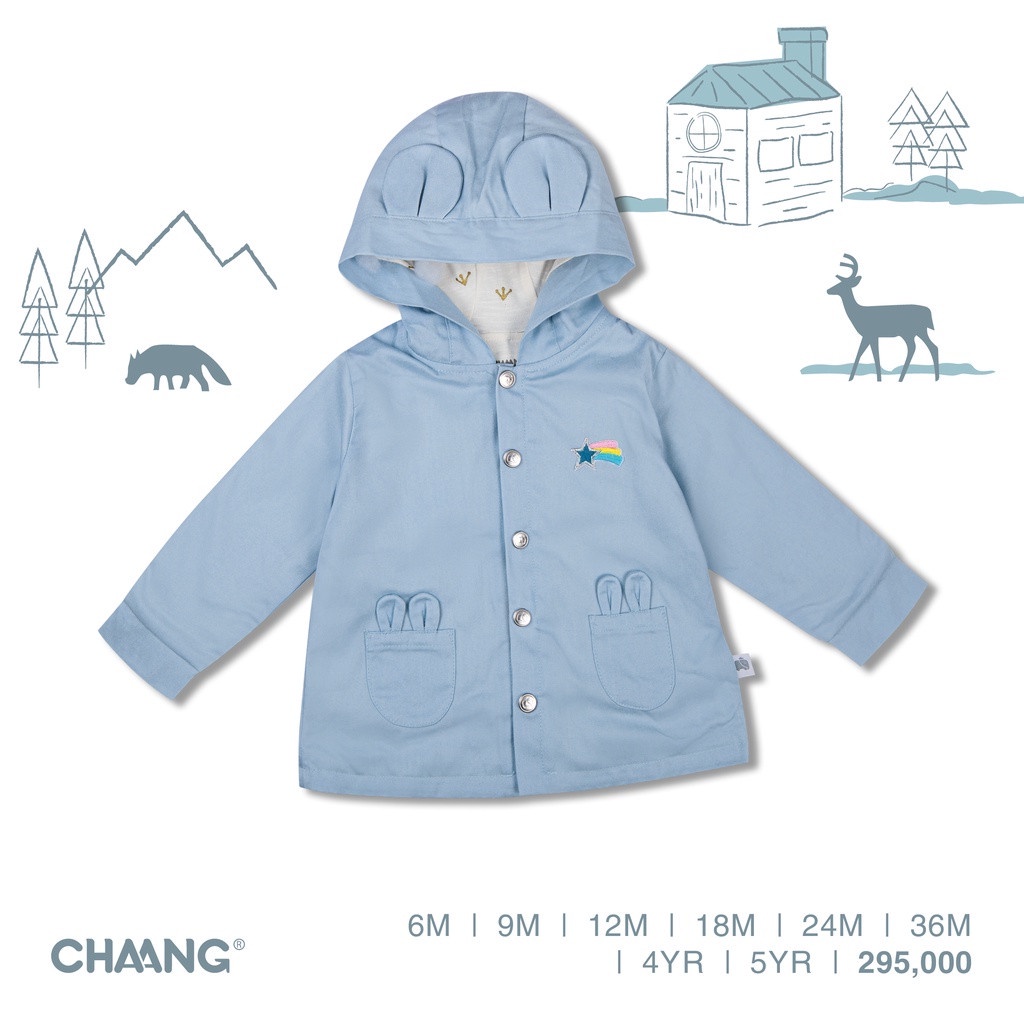 Áo Khoác Denim CHAANG Cho Bé, Áo Khoác Có Mũ Snow Xanh Nhạt Size 3M-5Y