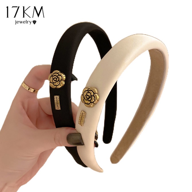 Băng đô cài tóc 17KM bản rộng xốp chống trượt đính hoa hồng phong cách đơn giản thời trang dành cho nữ