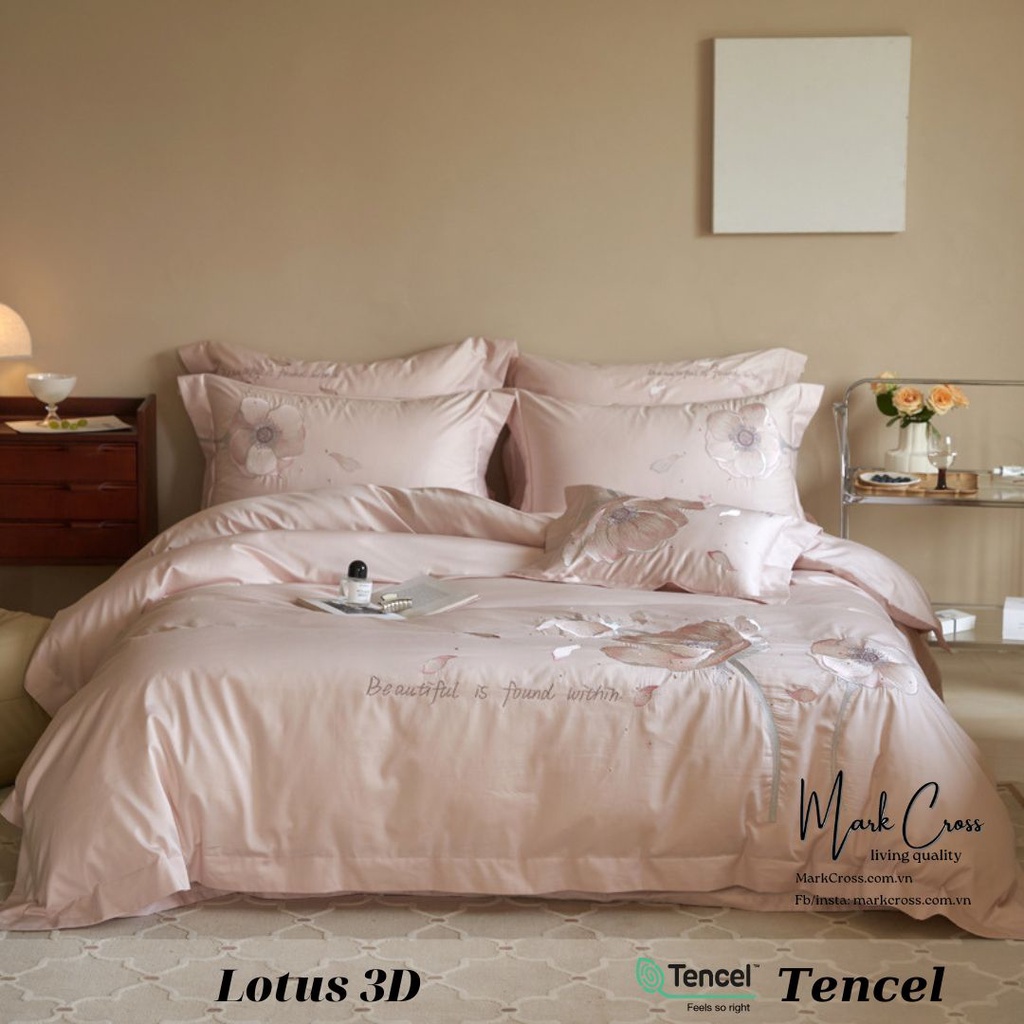 Lotus 3D - Bộ Chăn ga cao cấp Mark Cross Tencel 100s thêu họa tiết