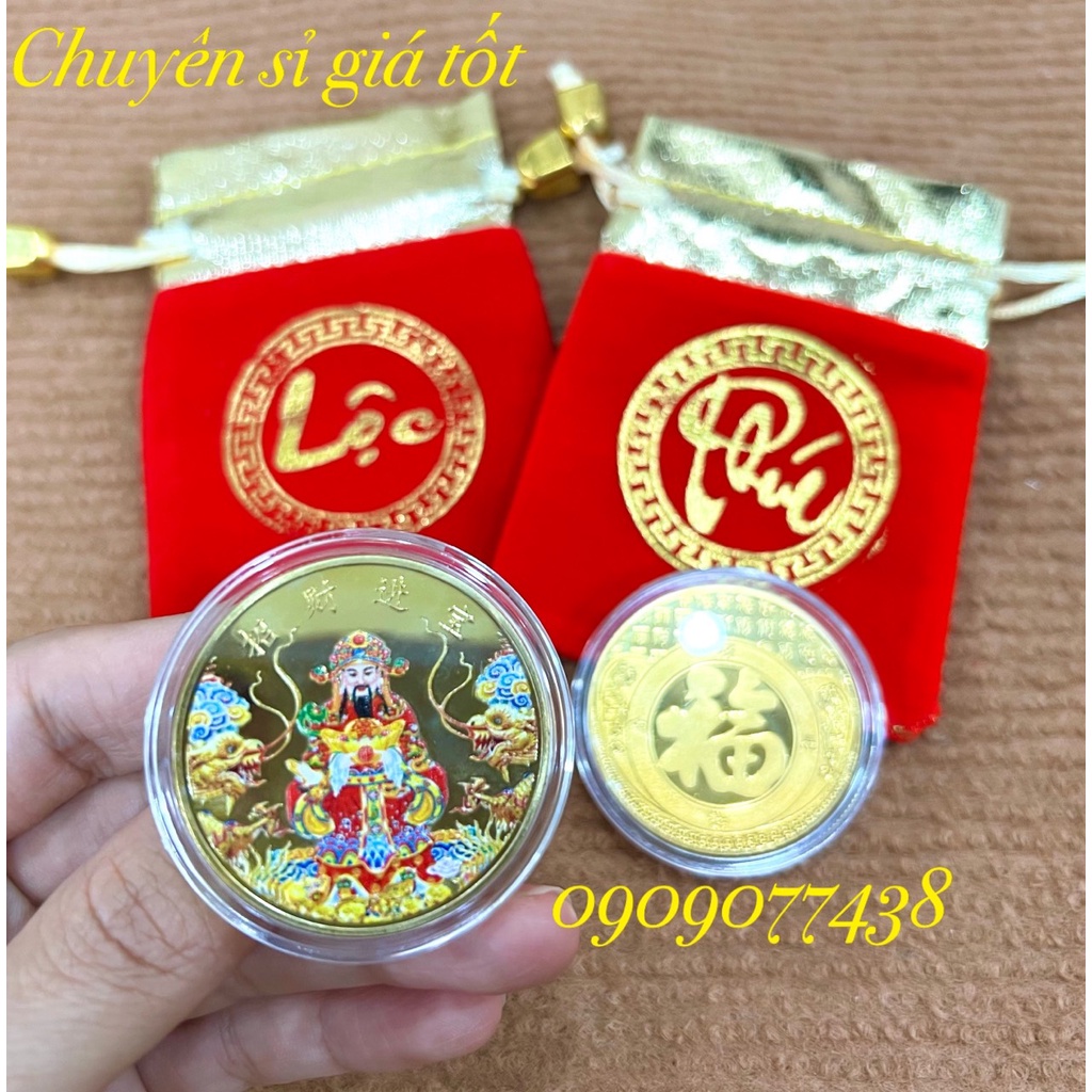 Đồng Xu Thần Tài Phong Thủy May Mắn in màu 3D nổi bật đẹp mắt Lì Xì Tết, biếu tặng ý nghĩa