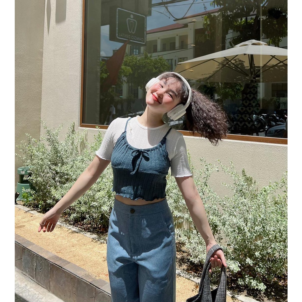 Áo dây croptop thun rút dây thời trang GAGO màu kem GA4159