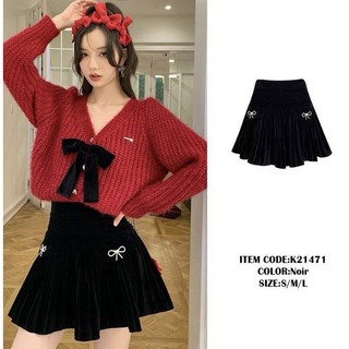 Chân váy nữ xòe nhung xếp ly phối họa tiết nơ đính đá độc lạ sang trọng