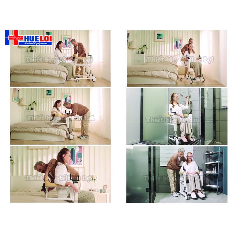 Xe nâng hạ bệnh nhân có bô vệ sinh, xe lăn ghép 2 mảnh, xe lăn