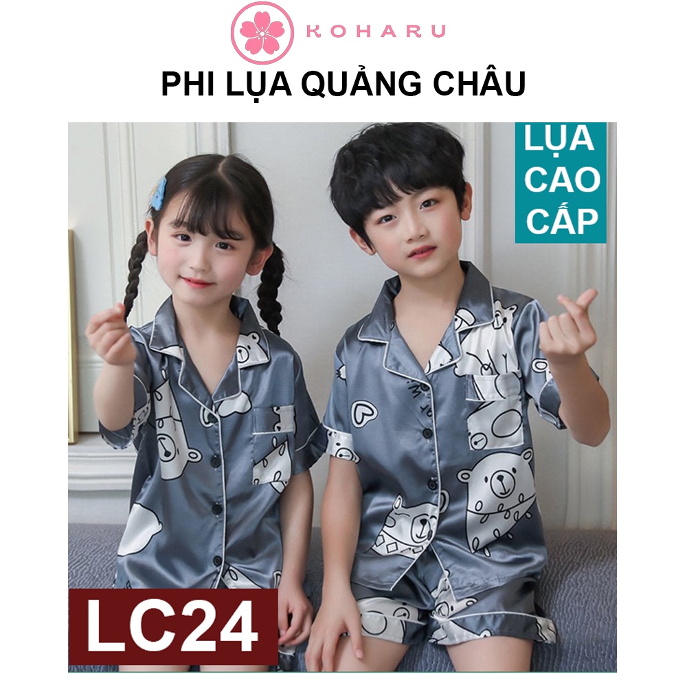 (9-21kg) ✅ Pizama PHI LỤA QUẢNG CHÂU Gấu xám LC24 trẻ em, đồ ngủ cộc bé trai, bé gái