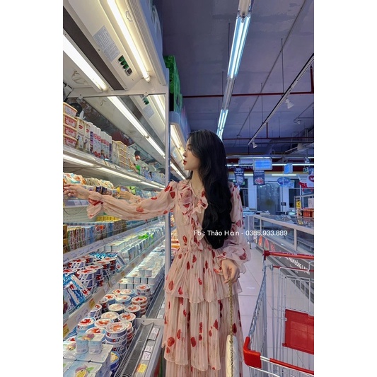 Váy maxi tơ hoa chân tầng