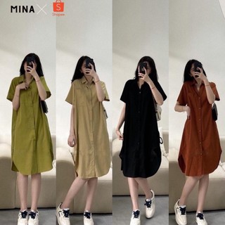 Váy sơ mi dáng dài Mina tay ngắn cổ đức phối túi ngực vạt bầu dáng suông chất liệu đũi
