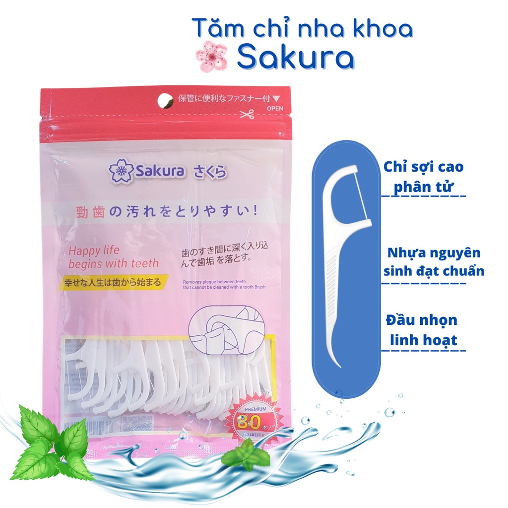 Tăm chỉ nha khoa Nhật Bản Sakura - Sunny - Haka,  gói 80 que, chăm sóc răng miệng, chỉ tơ, đầu tăm nhọn - Loki