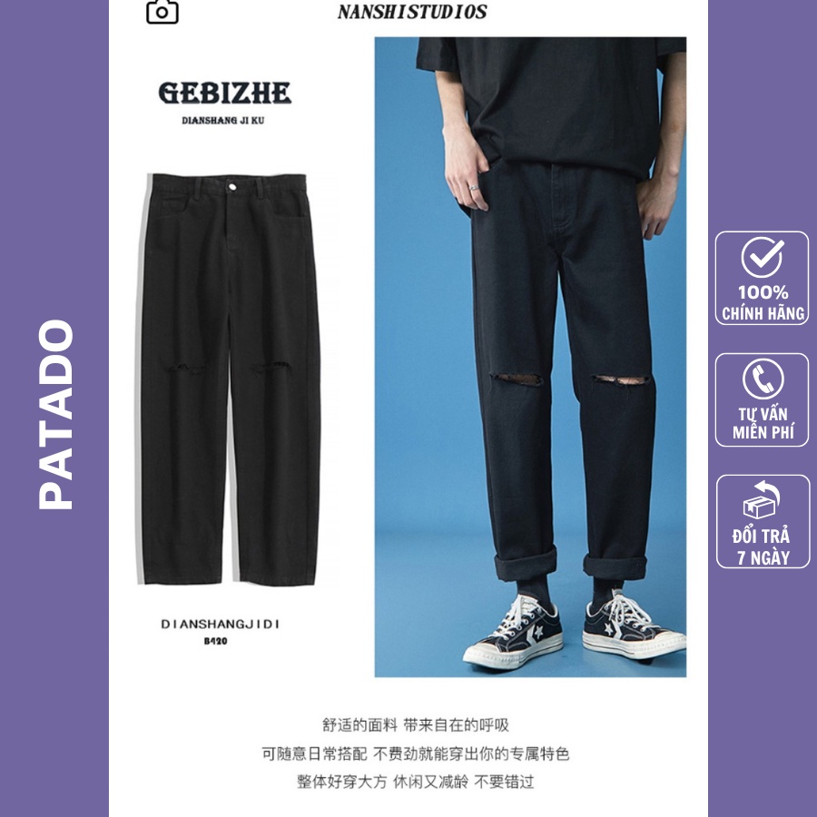 Quần jean nam rách gối dáng baggy ống suông rộng vải jeans cao cấp