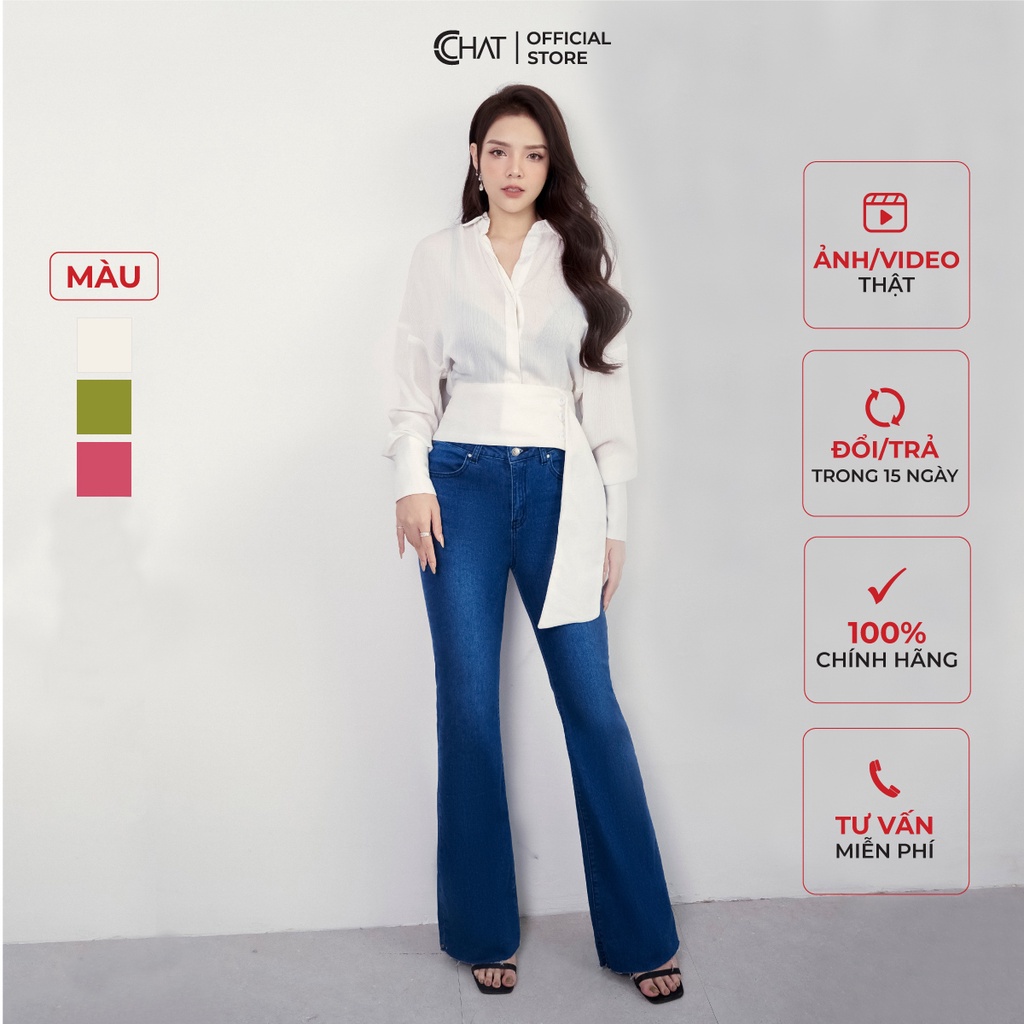 Áo Kiểu Nữ 𝐂𝐂𝐇𝐀𝐓 Dáng Sơ Mi Nhún Vai Rơi Chất Lụa Cao Cấp 22FDL2009GT