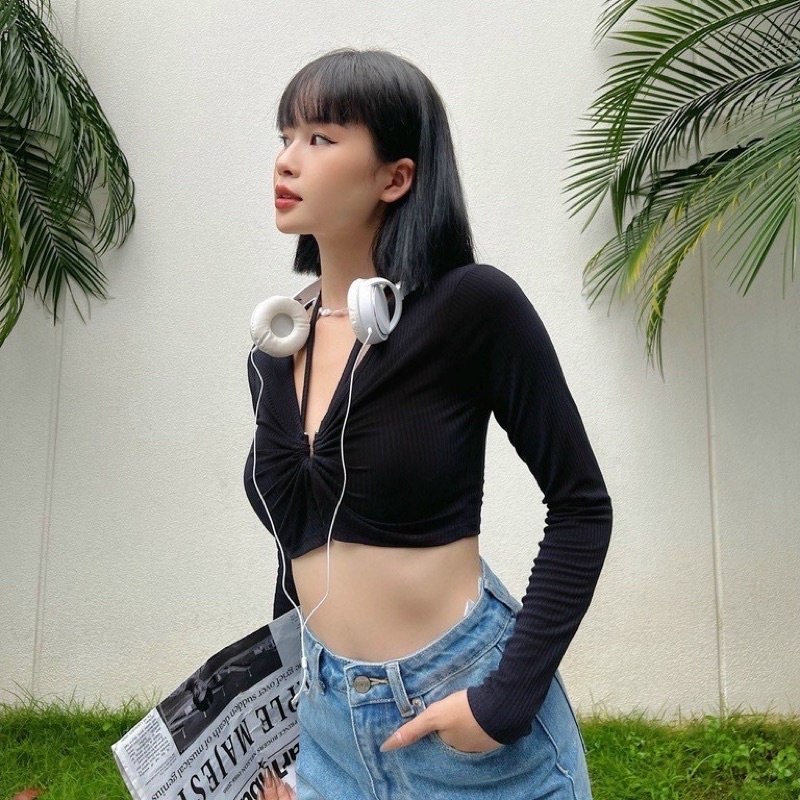[Hot] ÁO KIỂU NỮ CROPTOP PHỐI DÂY, KHOEN V TAY DÀI CỰC TRENDY CHIZISHOP TA035