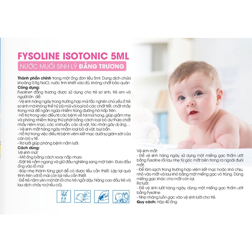 Nước muối sinh lý Pháp Fysoline - Vệ sinh mắt, mũi, miệng cho bé (Hộp 40 ống)