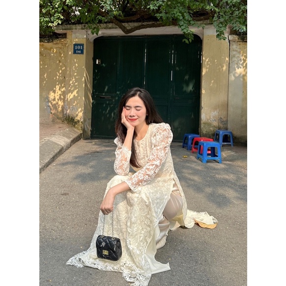 Set áo dài ren hoa nổi 2 lớp cách điệu the.sweaterweather TSW (ảnh thật)