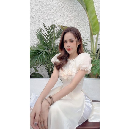 Áo dài tết voan tơ màu kem tôn da