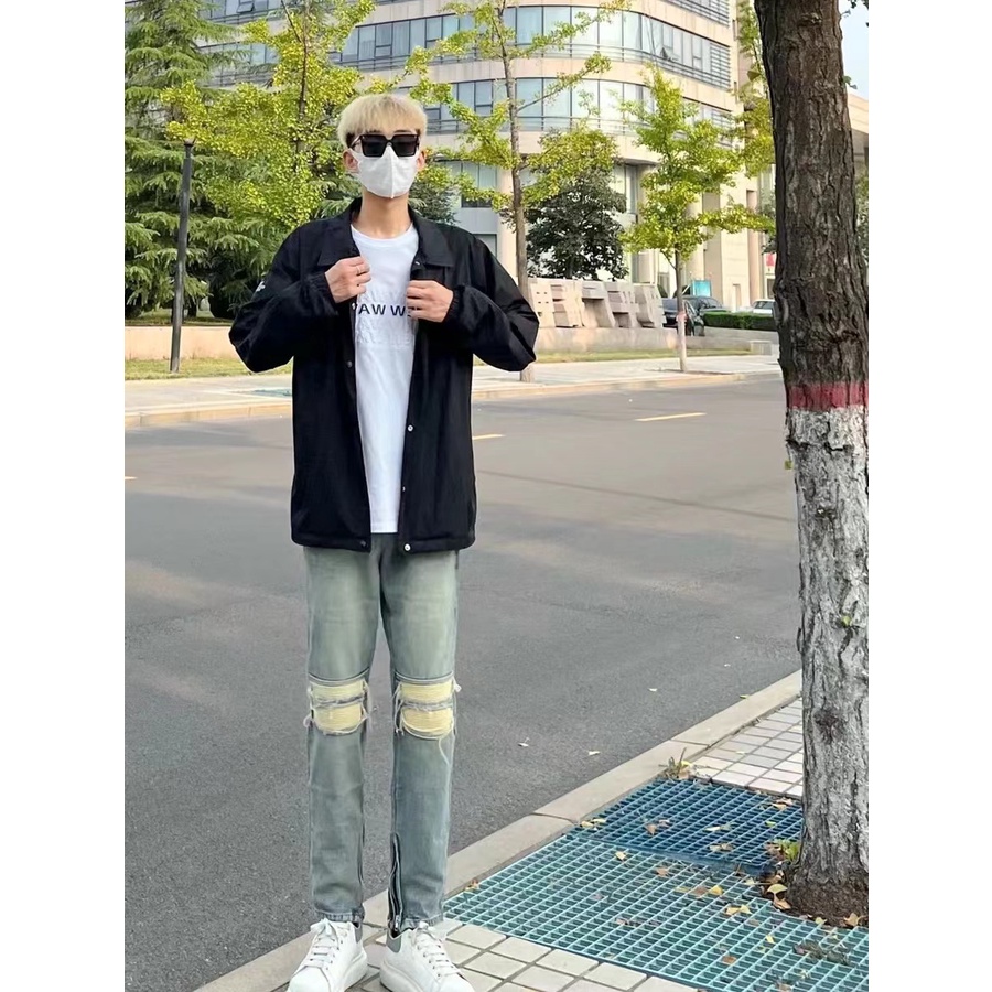 Quần jean nam rách gối dây kéo hiphop quần jean skinny unisex thời trang quần jean bé trai oversize chất đũi cao cấp Quần bò rách gối