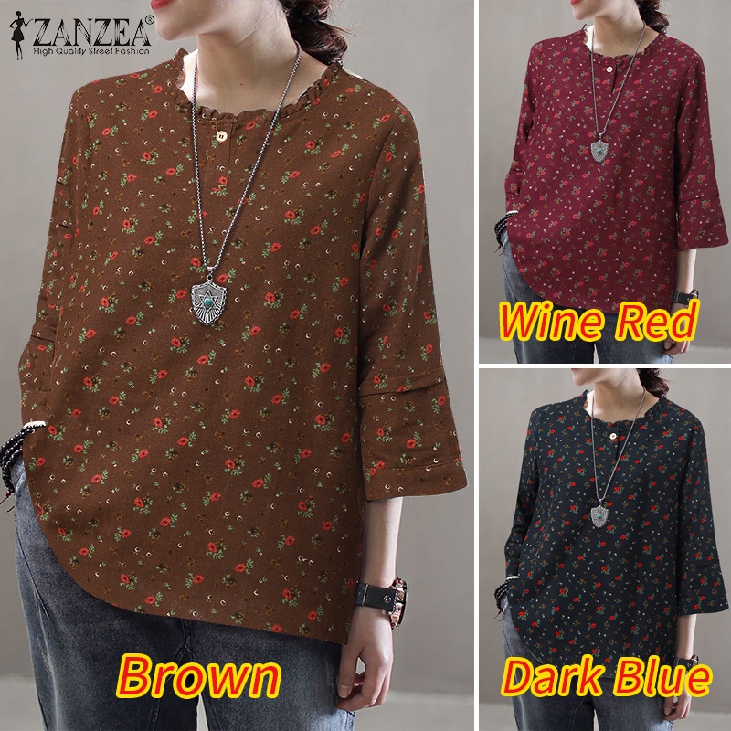 ZANZEA Áo Nữ Tay Dài Họa Tiết Hoa Thời Trang Phong Cách Hàn Quốc