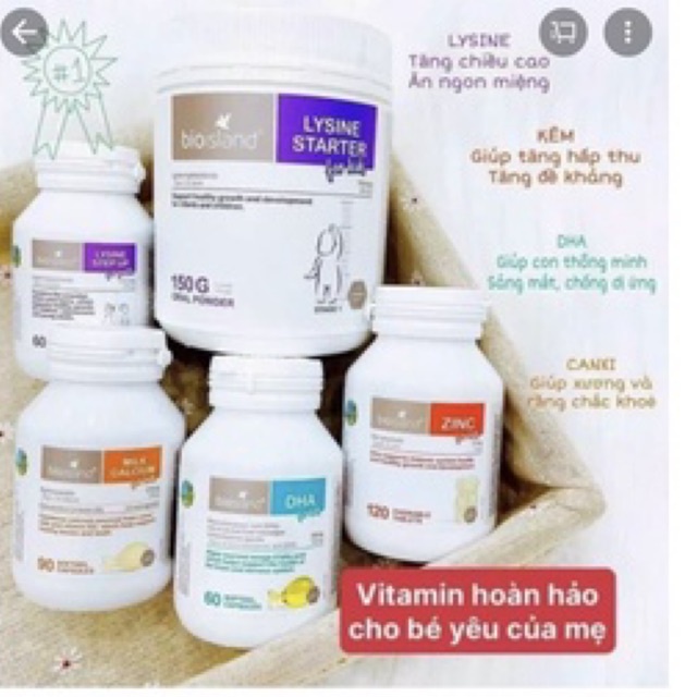 bột Lysine, kẽm Zin C, DHA, Canxi Milk Bio island