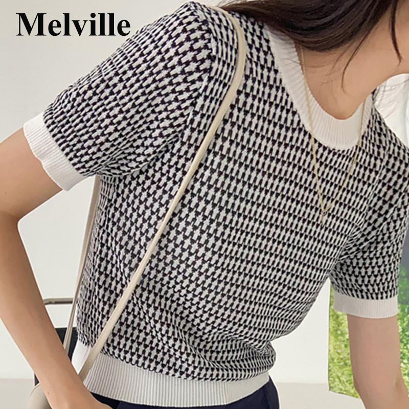 MELVILLE Áo thun nữ dệt kim tay ngắn cổ tròn nhiều màu tùy chọn đơn giản thời trang
