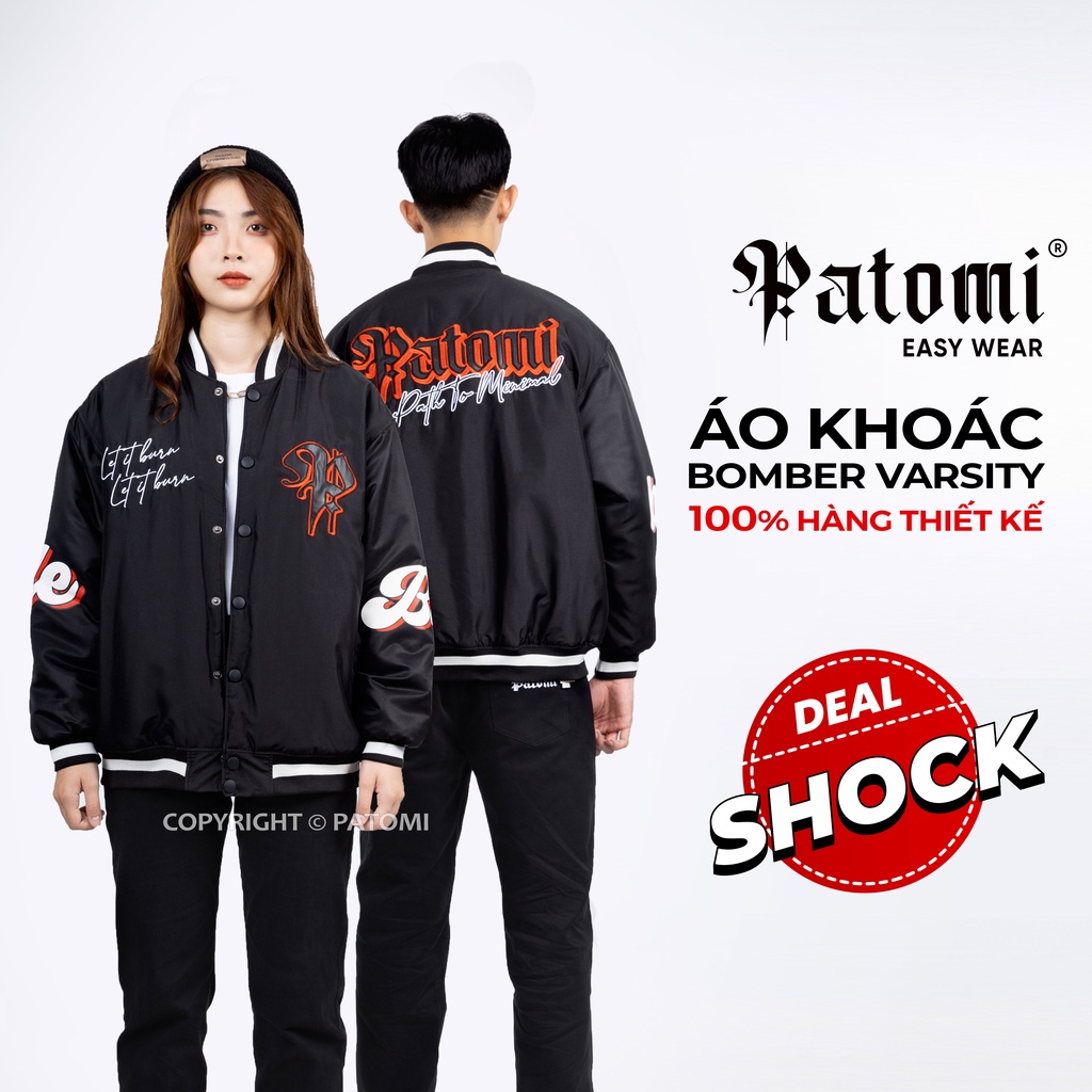 Áo khoác bomber nam nữ Patomi chất gió trần bông, Áo varsity jacket nam nữ Patomi phong cách unisex - D1Ak290
