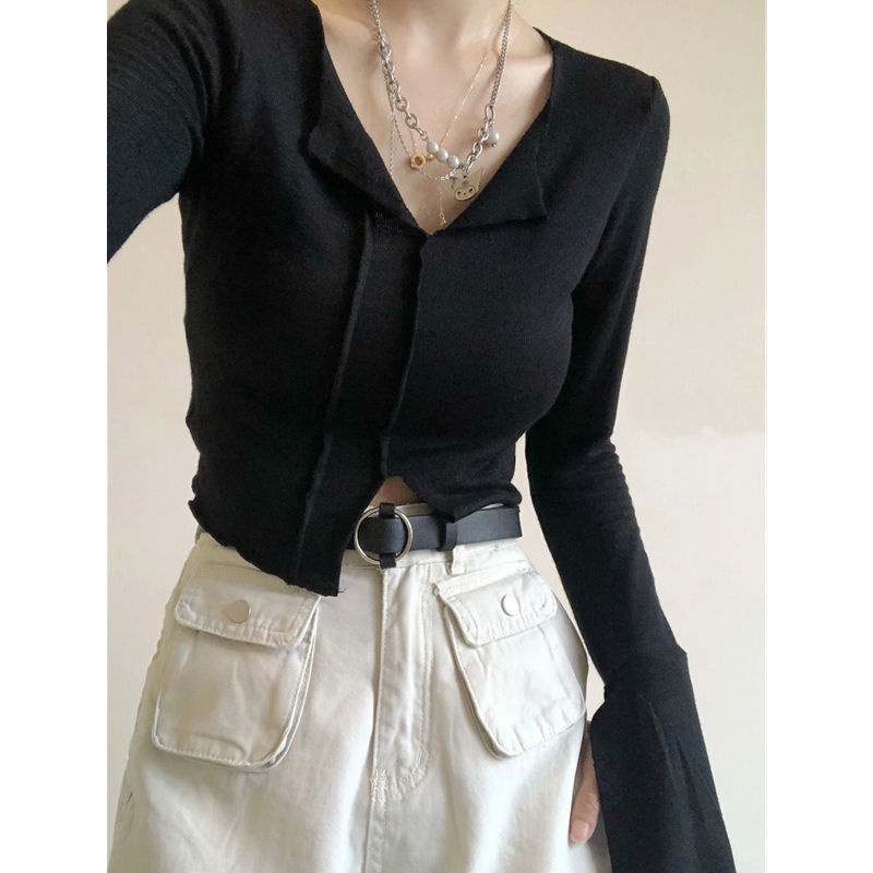 Áo Thun Dệt Kim Tay Loe Dài Cổ Chữ V Màu Đen Thời Trang Mùa Thu Cho Nữ