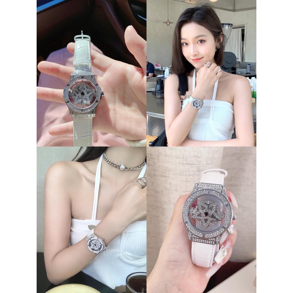 Đồng Hồ Nữ Xoay 360 Độ SX16 Dây Da Mặt Đính Đá Lấp Lánh