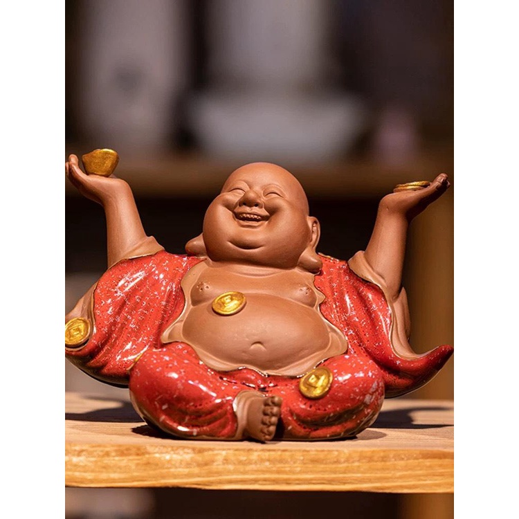 Tượng Di Lặc hoan hỉ tài lộc cỡ nhỏ cao cấp sắc nét men hỏa biến- Tượng Di Lặc gốm tử sa trang trí bàn trà, quà tặng
