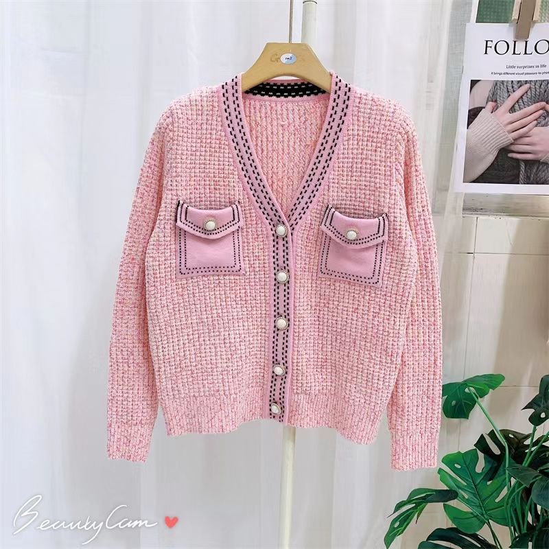 Áo Khoác Cardigan Dệt Kim Cổ Chữ V Cài Nút Ngọc Trai Cao Cấp Phong Cách Pháp Thời Trang Cho Nữ