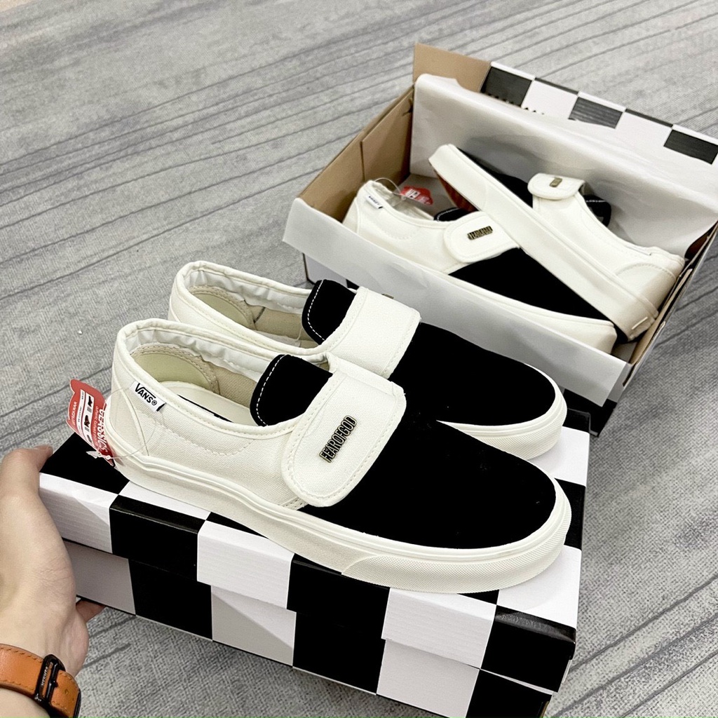 Giày sneaker 𝐕𝐀𝐍𝐒 Caro lười viền trắng, giày thể thao 𝐕𝐀𝐍𝐒 Đen Old Skool, 𝐕𝐀𝐍𝐒 Classic Slip On Fear of God nam nữ
