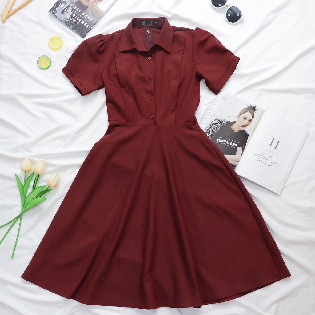 Đầm Sơ Mi Công Sở Dự Tiệc Sang Trọng Bigsize AMYRA , Thiết Kế Dáng Xòe Che Khuyết Điểm Cổ Vest Tay Phồng Cao Cấp DA007