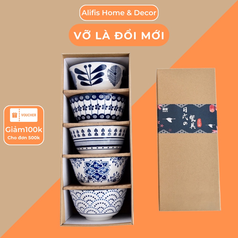 Bát ăn cơm , chén sứ ăn cơm set 5 chiếc Alifis