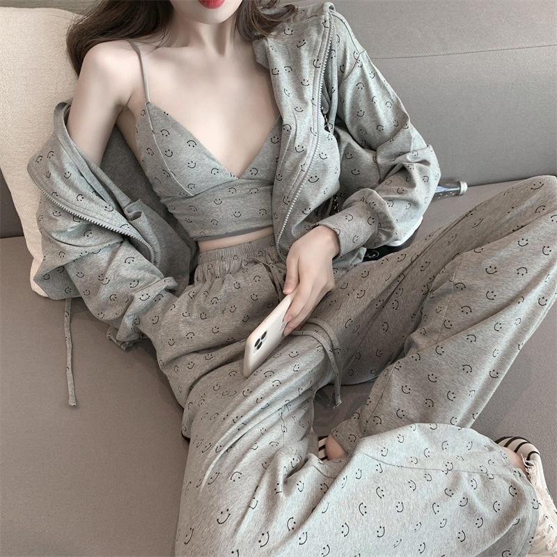 Bộ Áo Khoác Cardigan Tay Dài Có Khóa Kéo + Áo Khoác + Áo Khoác + Quần Ống Rộng Phong Cách Thể Thao Thời Trang