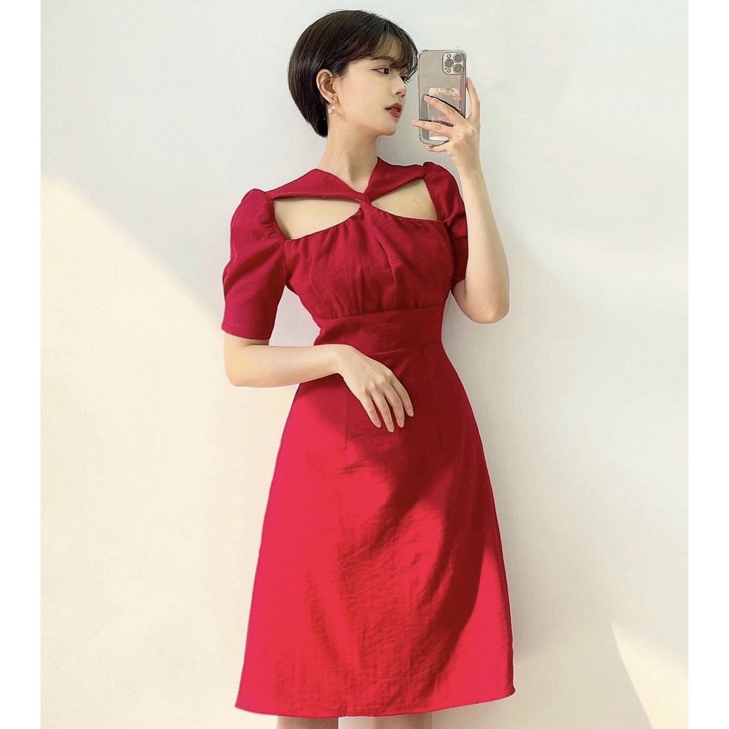 Đầm váy freesize đỏ xoắn cổ bo eo