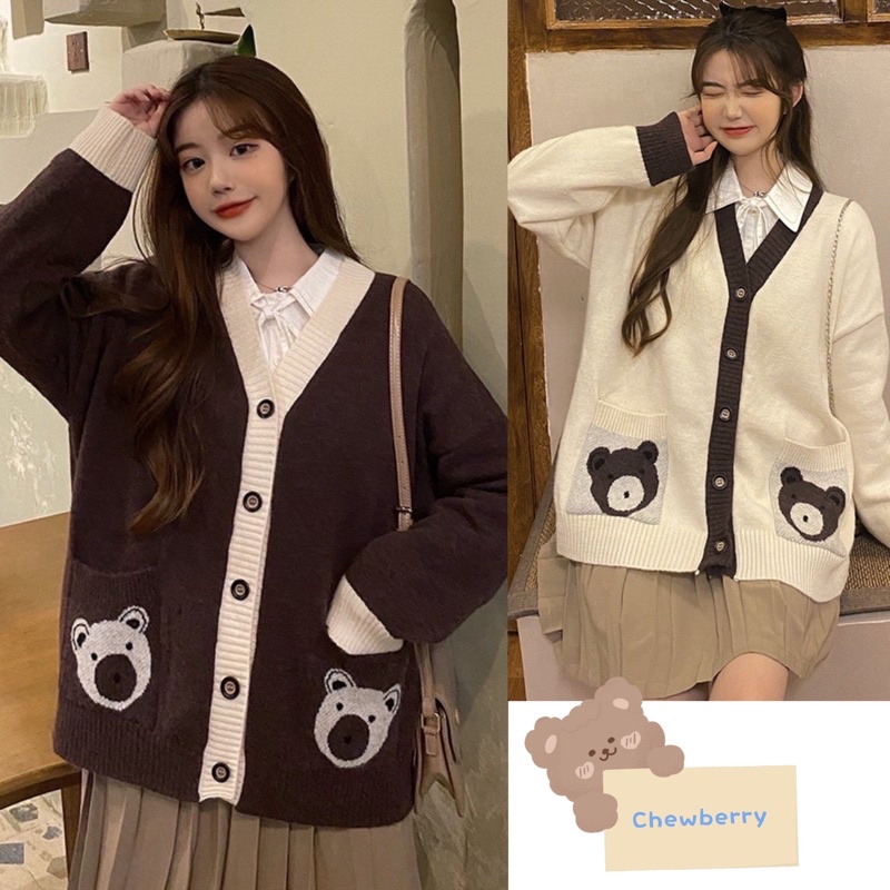 [Mã FAFRIDAY giảm 10k đơn 99k] Áo Khoác Cardigan Trắng Nâu Túi Gấu Nữ form rộng xinh xắn