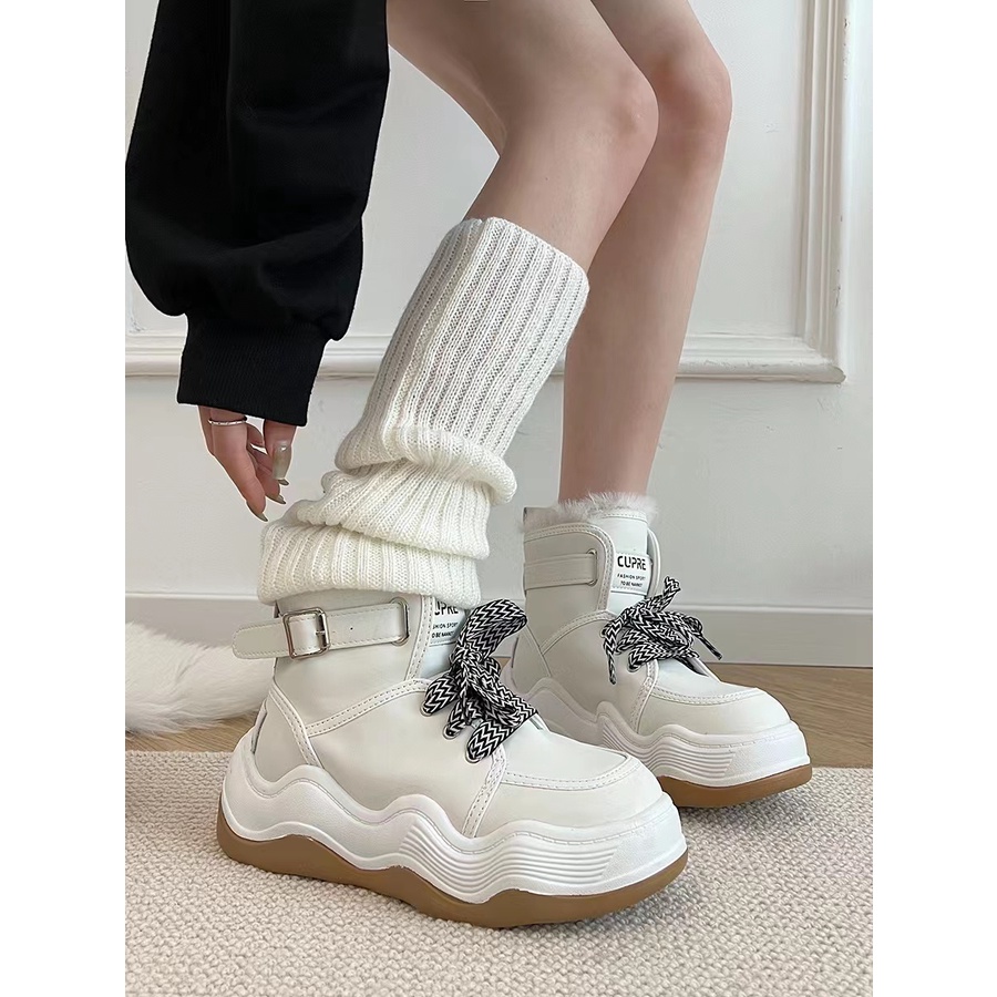 Giày Bốt Đi Tuyết Da Lót Lông Cừu Dày 5CM Cột Dây Màu Trắng / Đen Ấm Áp Thời Trang Mùa Đông 2022