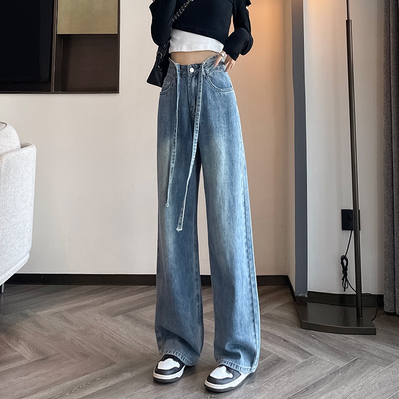 NRVP Quần jean dài ống rộng phối dây phong cách Hàn Quốc thời trang cho nữ