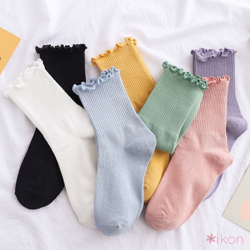 Vớ Cotton Màu Trơn Phối Ren Phong Cách Hàn Quốc Dễ Thương Dành Cho Nữ
