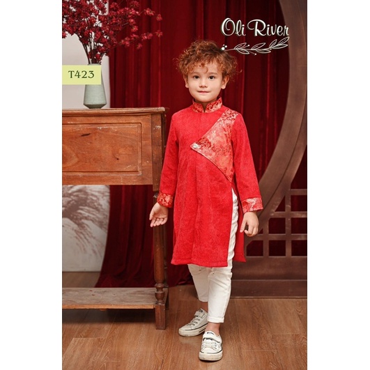 Áo dài bé trai nhung tăm phối gấm đỏ Oli River 1Y-10Y