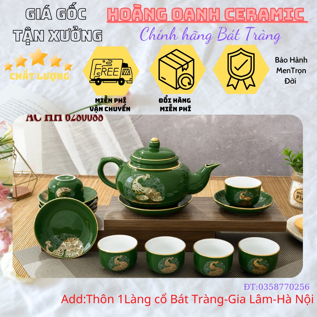 Bộ Ấm Chén Pha Trà Bát Tràng-hàng nhà lò giá tận gốc,men Xanh Rêu vẽ vàng kim-dáng ấm quả Hồng