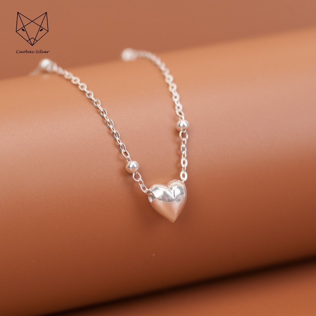 Dây Chuyền Bạc Ta Cao Cấp CaoBac Silver Tim Phồng Trơn Cạnh Bi Đơn Giản Nhẹ Nhàng, Thanh Lịch Dành Tặng Cho Bạn Gái