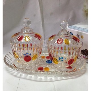 Set 2 hộp thủy tinh kèm khay thủy tinh đựng bánh kẹo, hạt dưa, mứt Tết kiểu dáng sang trọng