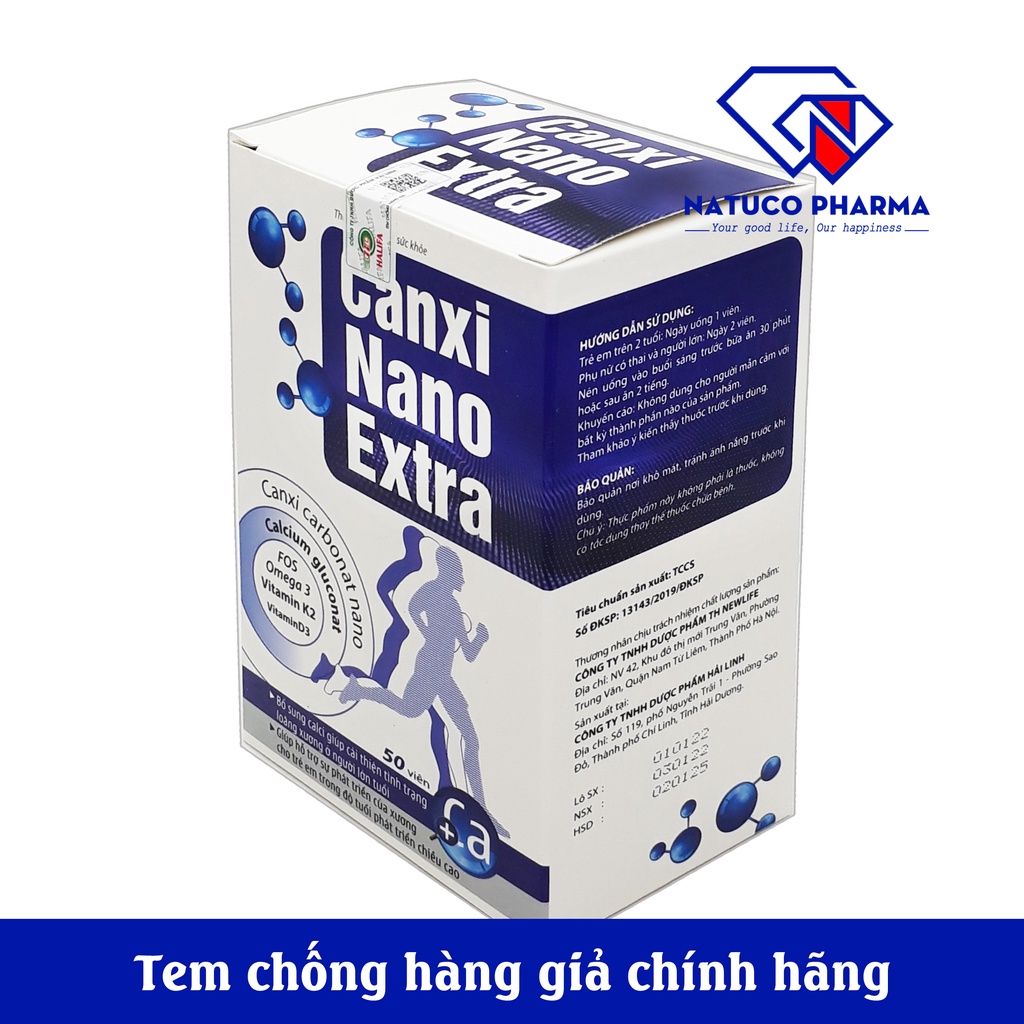 Viên uống bổ sung CALCI Canxi NANO Extra - bổ sung canxi, vitamin D3, K2 giúp xương chắc khỏe, ngừa loãng xương - Hộp 50