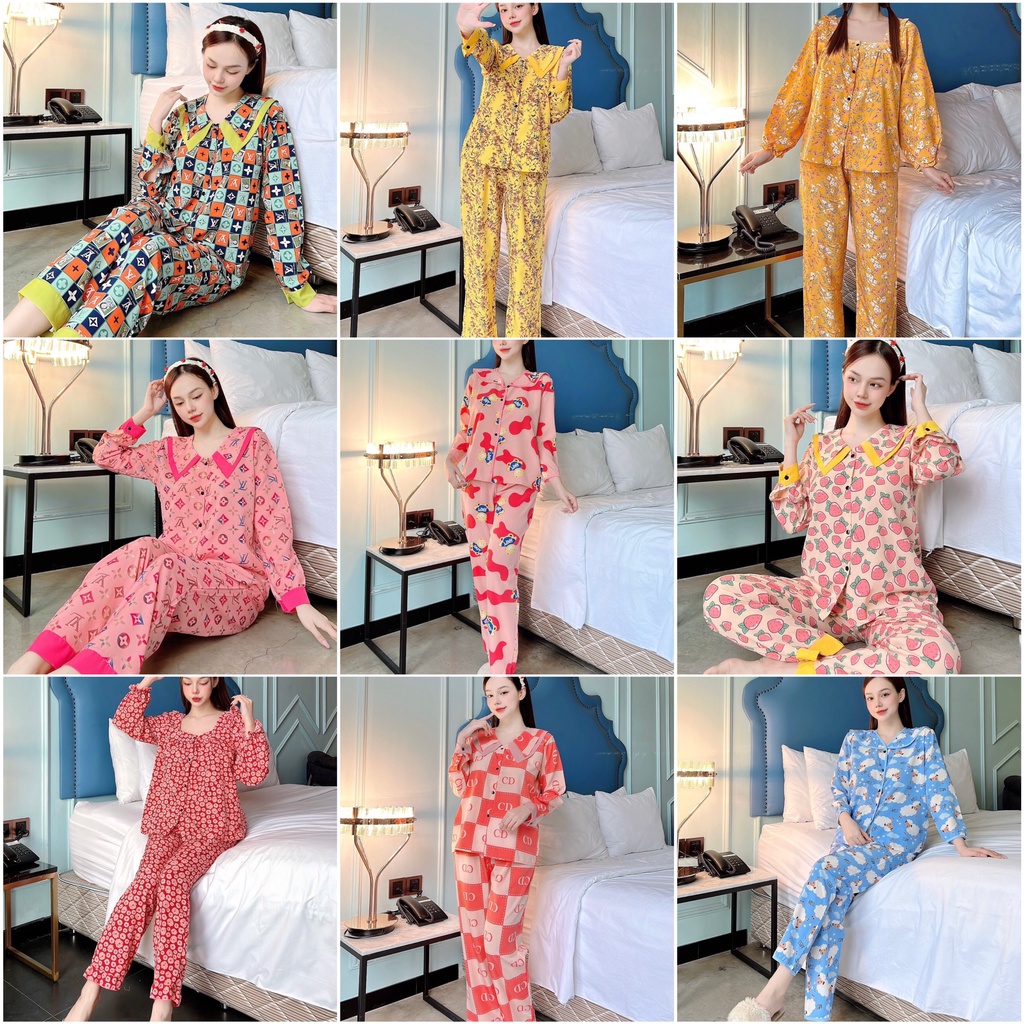 Set bộ dài lụa hàn dài họa tiết đa dạng trẻ trung (Freesize dưới 60kg)