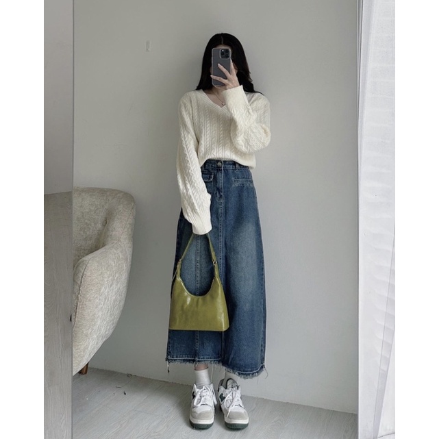 [NEW]ÁO LEN THỪNG CROPTOP CỔ V CÓ ĐỆM VAI 7611